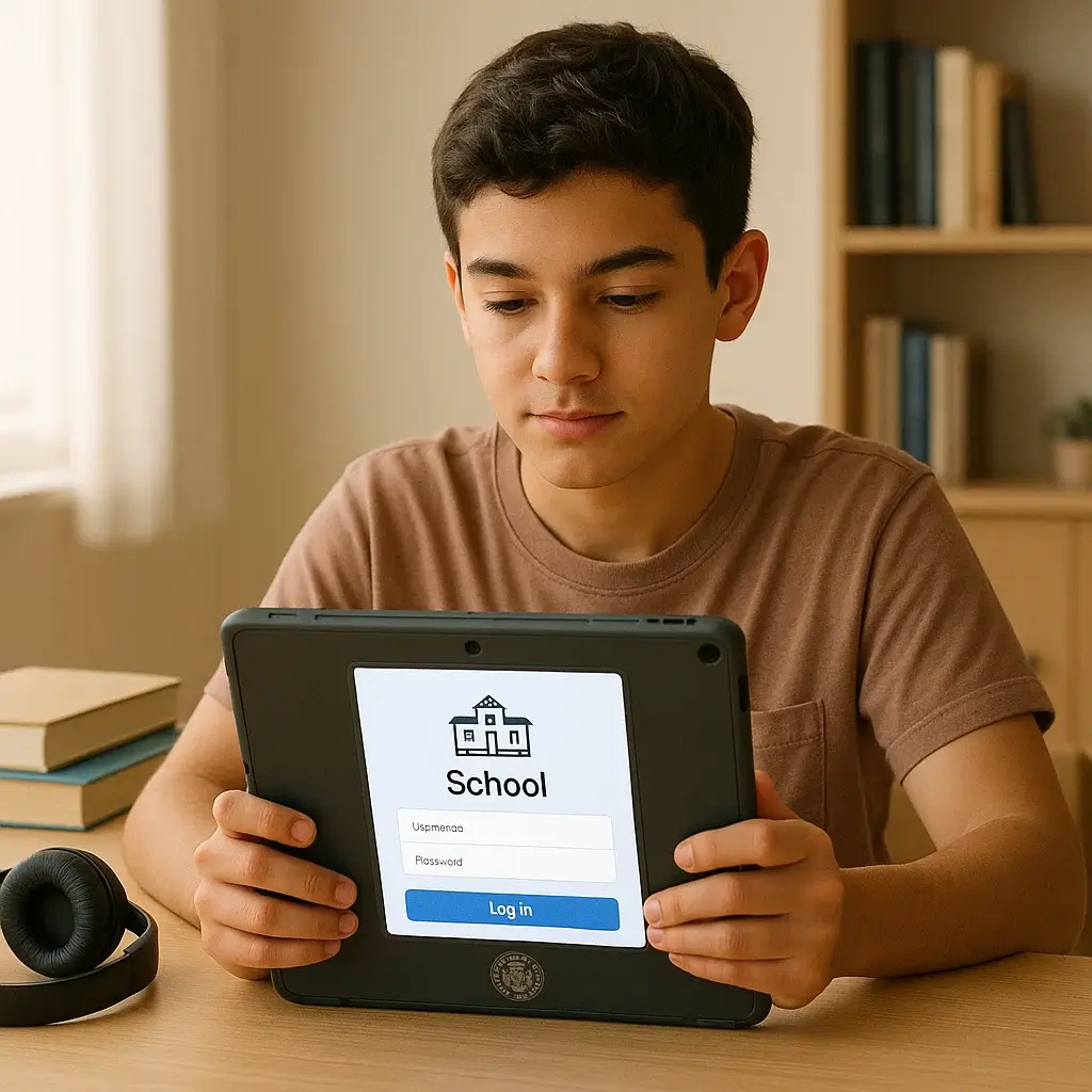 Student using a free tablet from Government for school